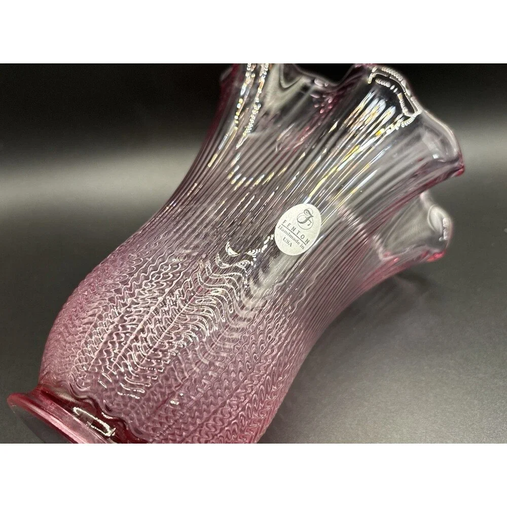 Vintage Fenton Art Glass Swung Vase Purple Pink Cranberry W/ Sticker~6”